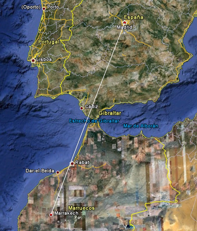 Map of the flight Madrid - Marrakech