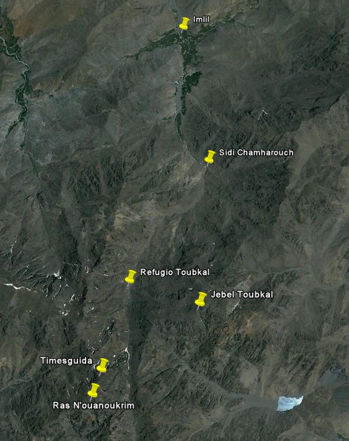 Mapa de la ruta de Imlil al refugio del Toubkal