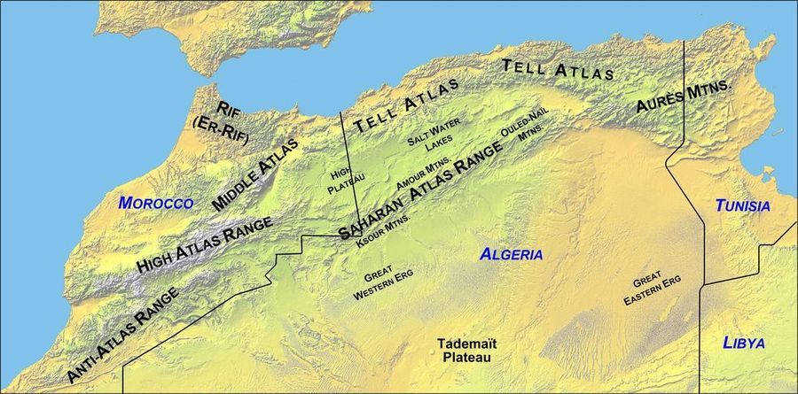 Mapa que muestra la localización de las montañas del Atlas a lo largo del norte de África