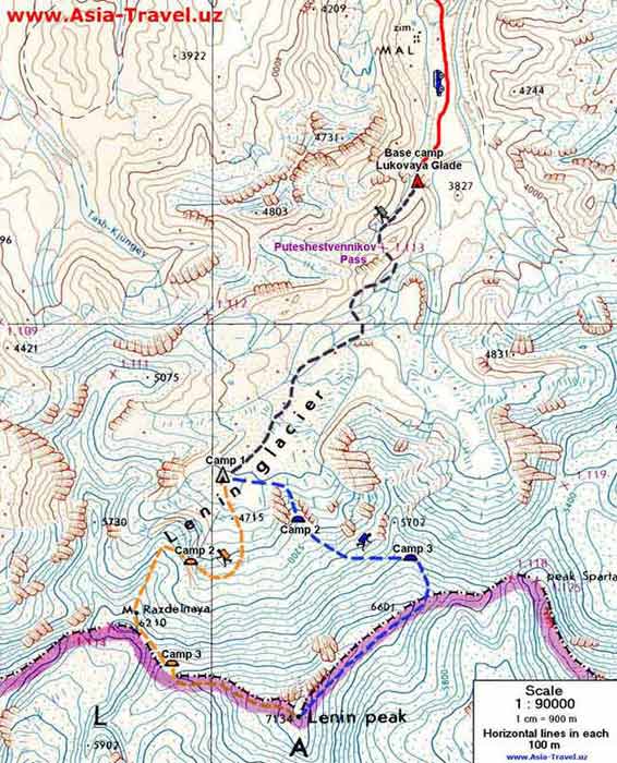 Mapa del Pico Lenin con las rutas de la arista oeste y este
