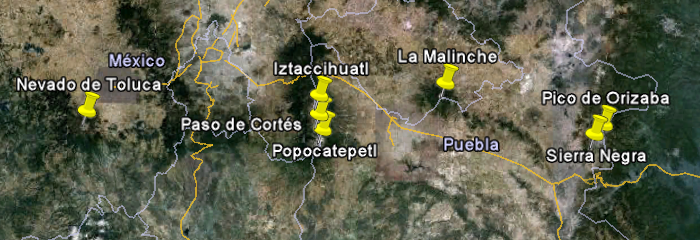 Fotografía de satélite que muestra la situación de los principales volcanes respecto México D.F. y Puebla